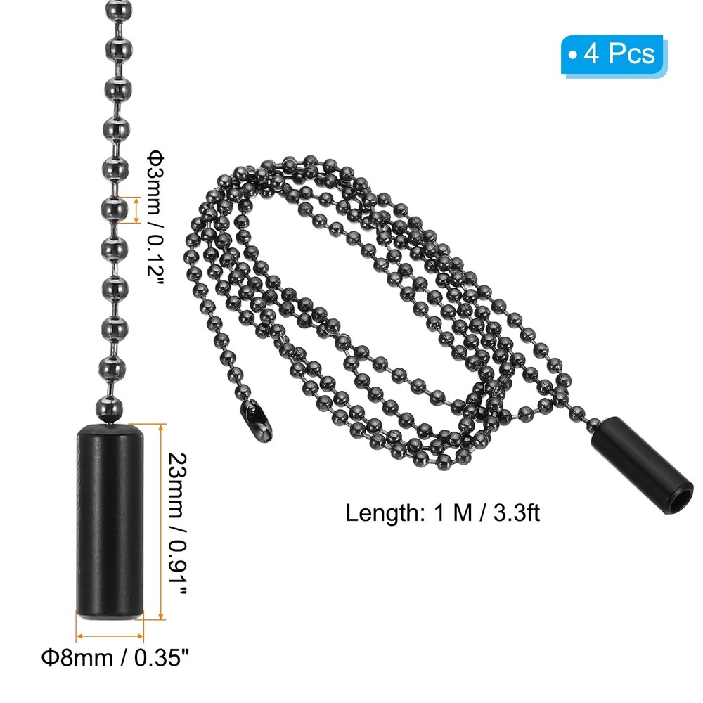 1M 3.3ft Ceiling Fan Pull Chain, 4 Pcs Beaded Pulls Cord Extender Cylinder Pe...