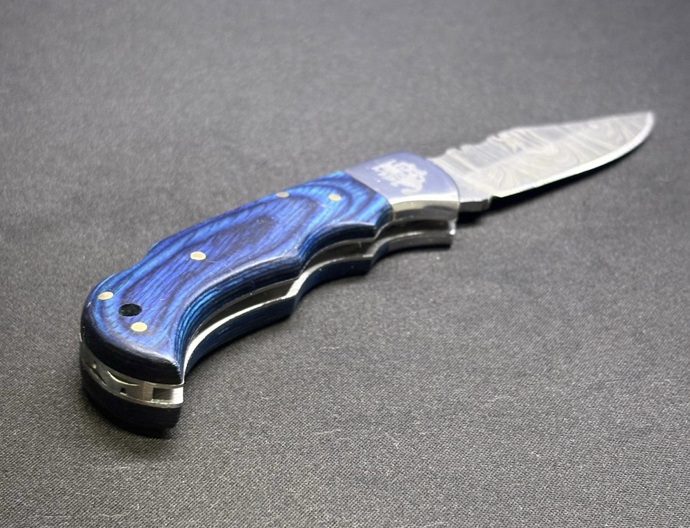 Custom J Wolfe Damascus Folder - Blue Handle Beauty