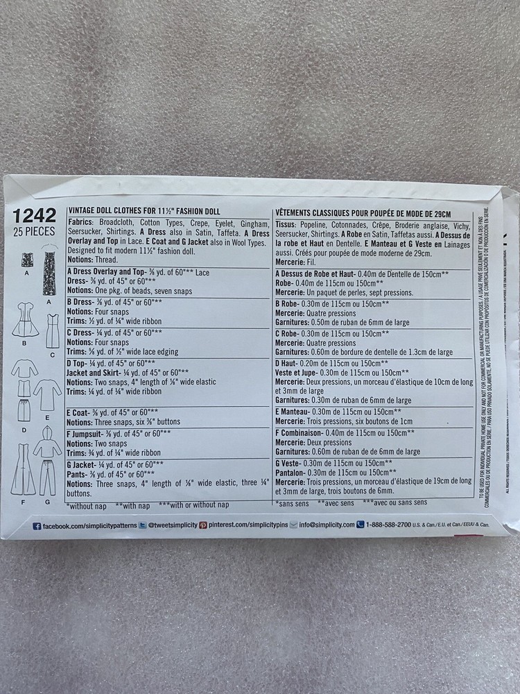 Simplicity Pattern for 11 1/2 inch Doll 7 different outfits.