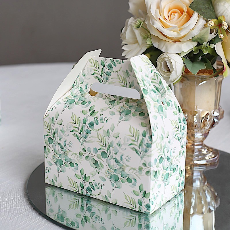 25 WHITE GREEN Tote Party Favor BOXES Floral Printed Candy Gift Holders Events