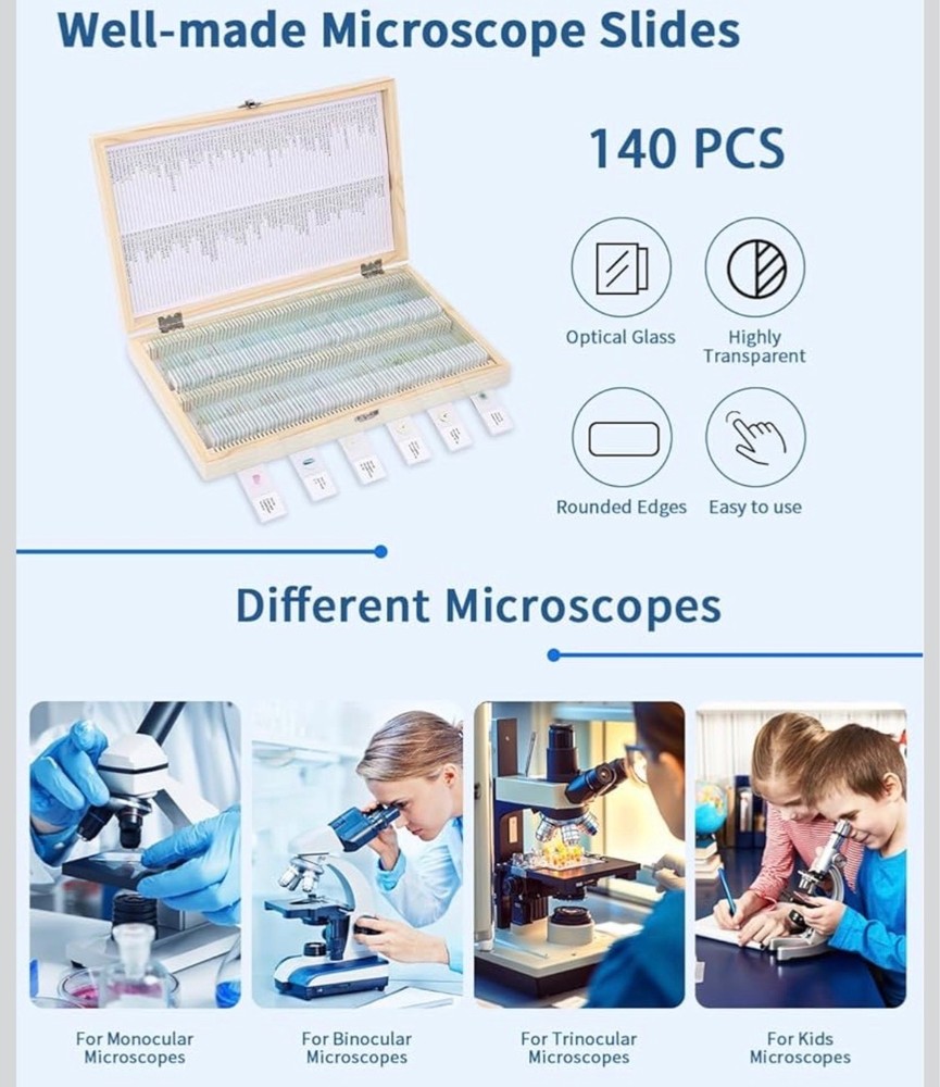 140 Pcs Microscope Slides with Specimens,Plant, Animal, Algae,etc,Educational Mi