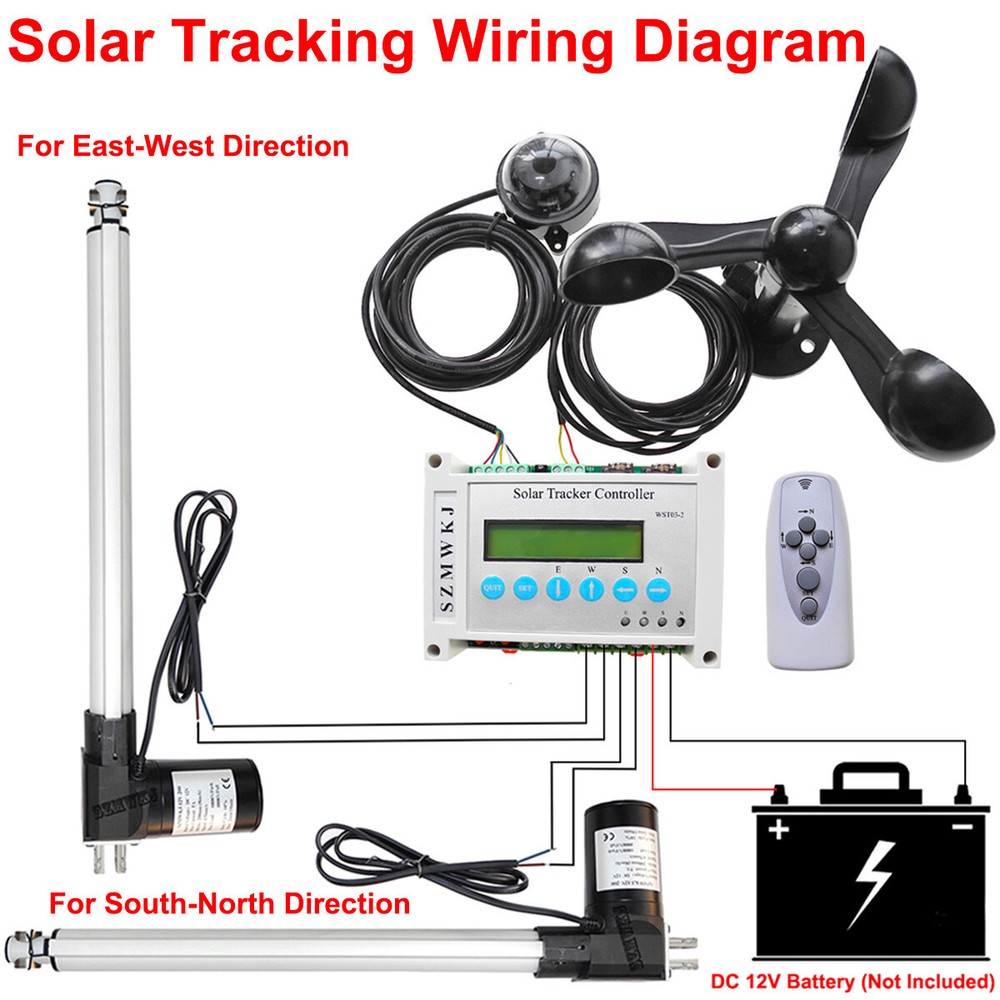 Electric LCD Solar Tracker Controller & 2*6000N 16" Linear Actuator & Anemometer