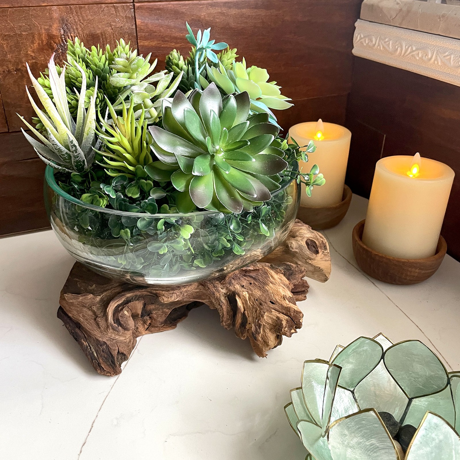 Molten Glass Bowl on Driftwood 10" Hand Blown Decorative Centerpiece Planter