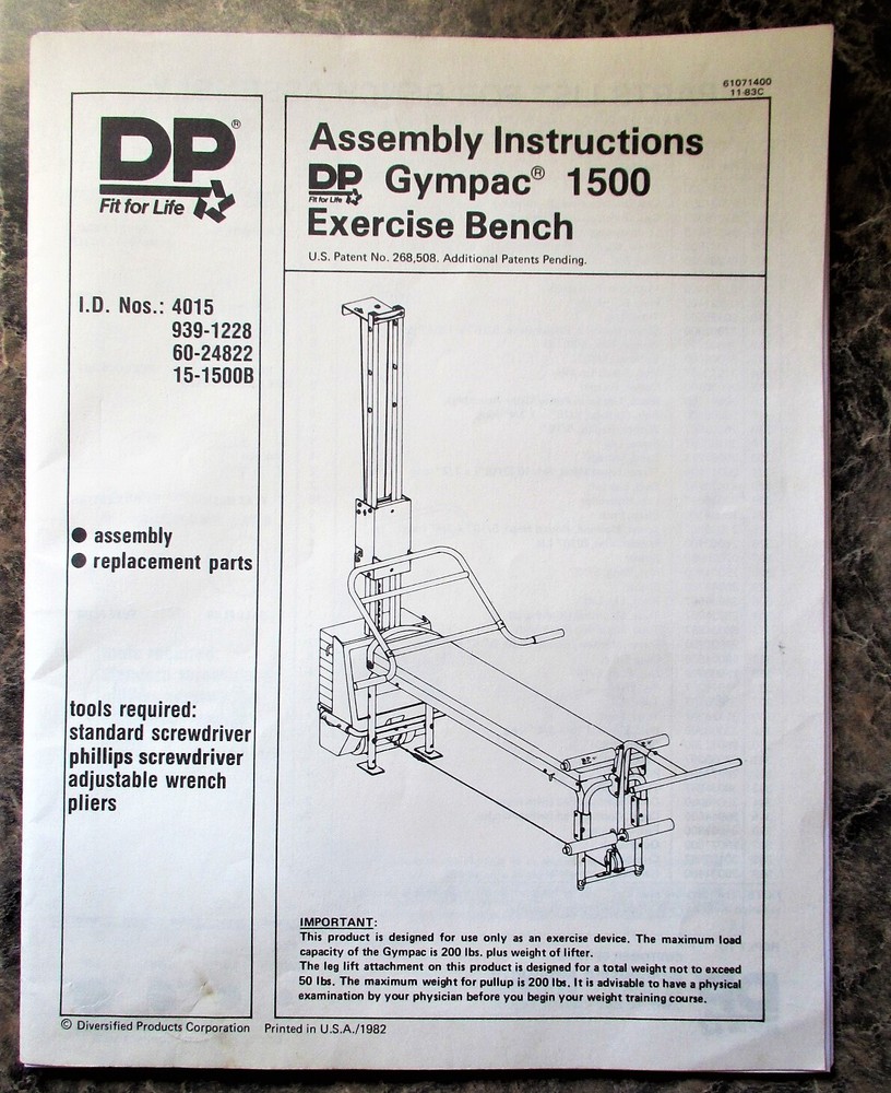 DP GYMPAC 1500 WEIGHT LIFTING EXERCISE MACHINE ASSEMBLY INSTRUCTIONS MANUALS