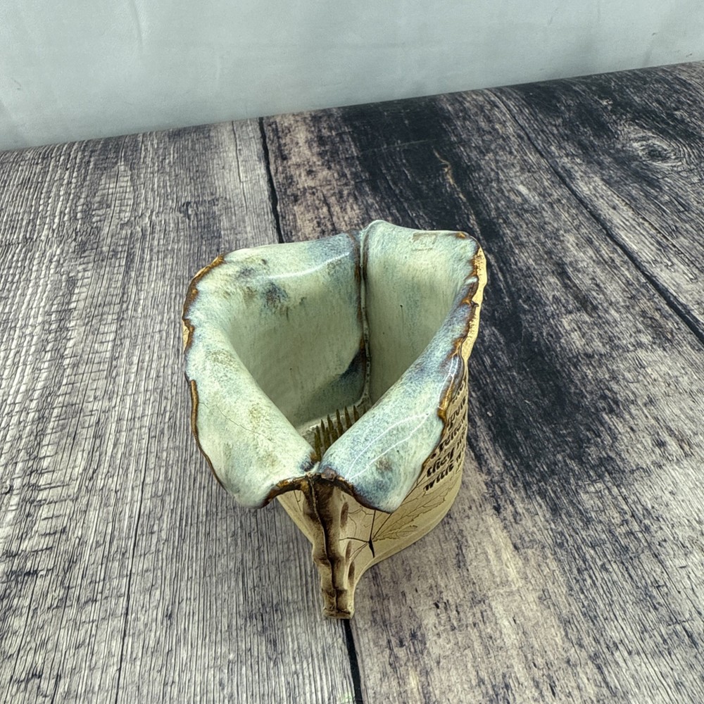 Signed Ragan Handmade Studio Pottery Vase 2006 LEAF DRAGONFLY Scripture 4in