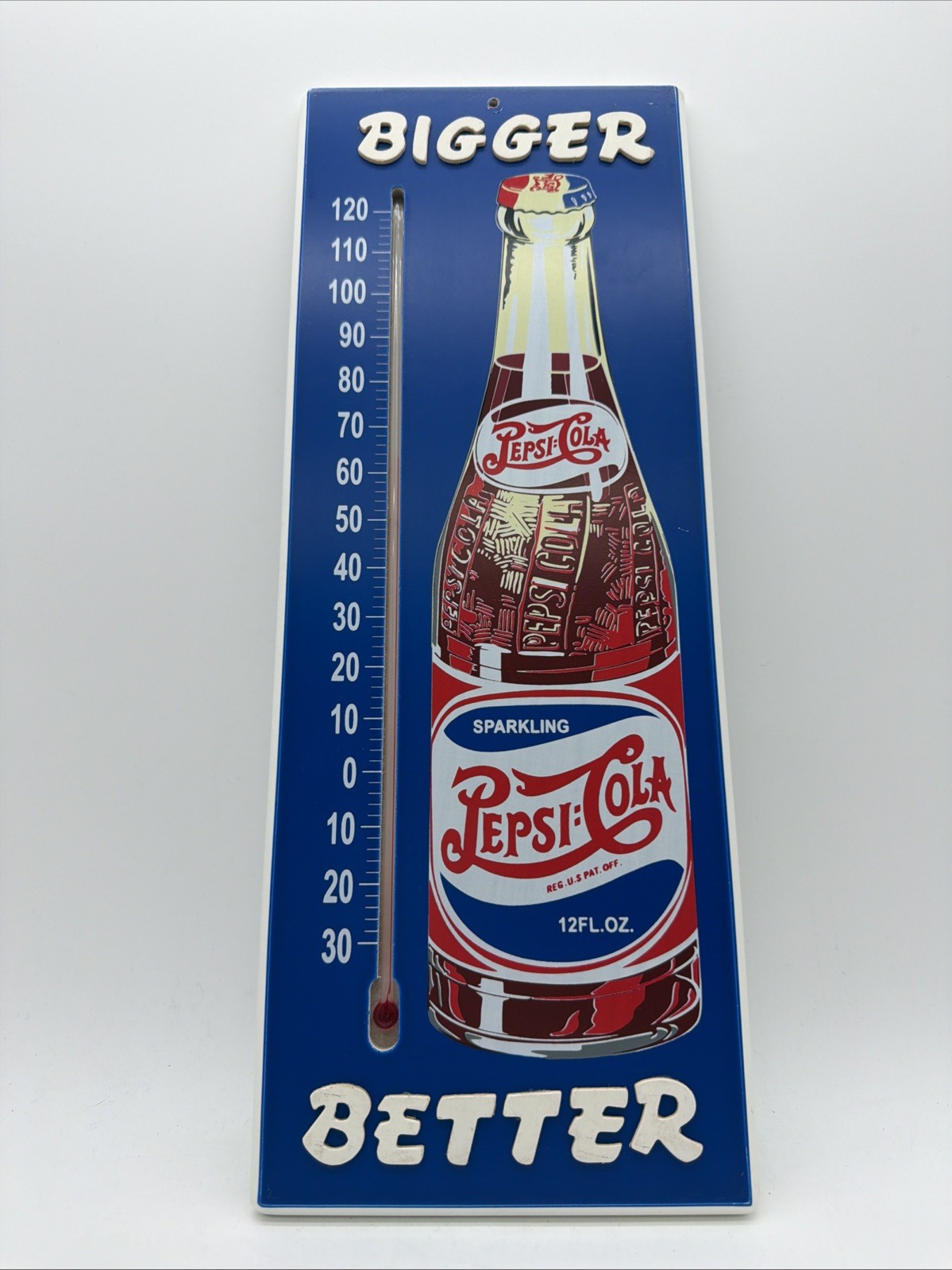VINTAGE LOOK PEPSI COLA BIGGE BETTER Wooden THERMOMETER SIGN 16" X 6"