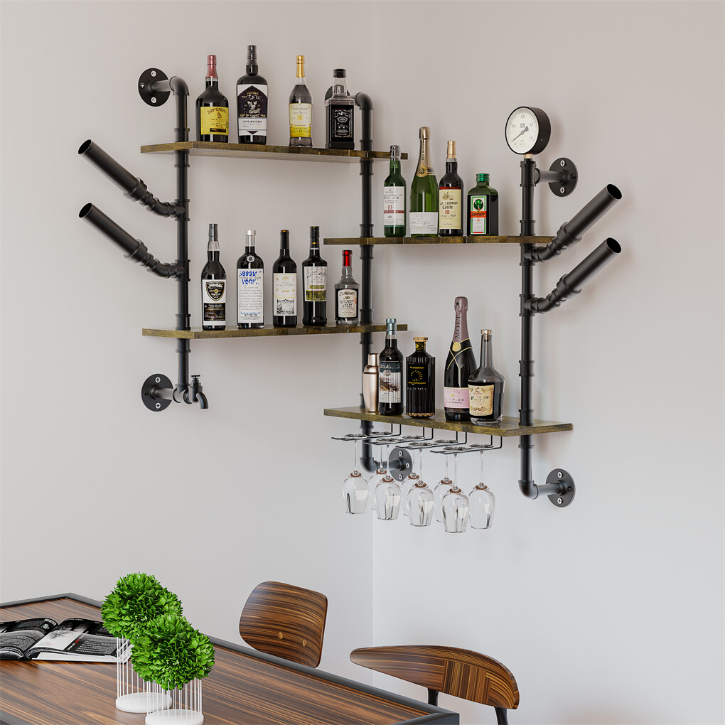 Industrial Pipe Bar Wall Liquor Shelf Floating Shelves with Wine Glass Holder