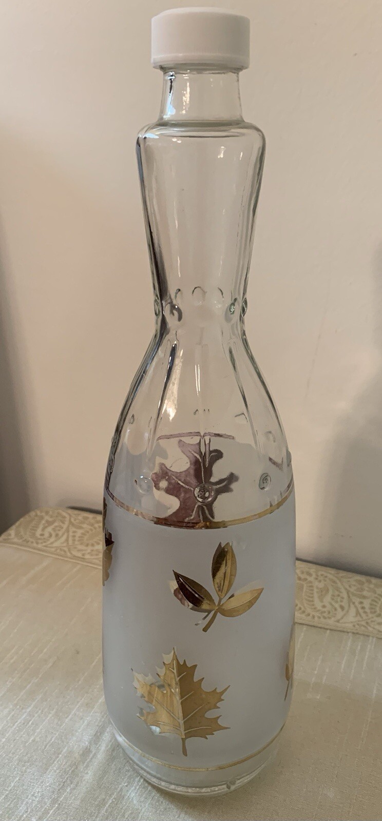 Vintage Libbey Frosted White with Gold Leaves Bottle/Decanter 12” Tall 3” High