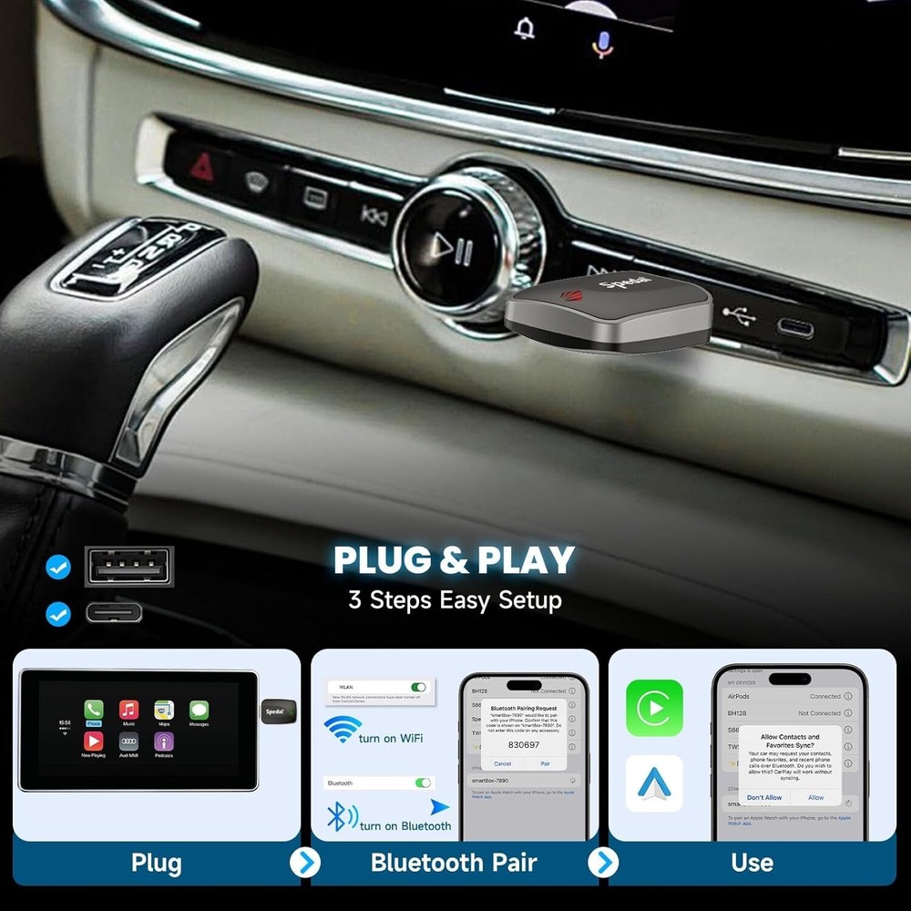 Mini Wireless CarPlay & Android Auto Adapter , 2-in-1 Plug & Play Dongle