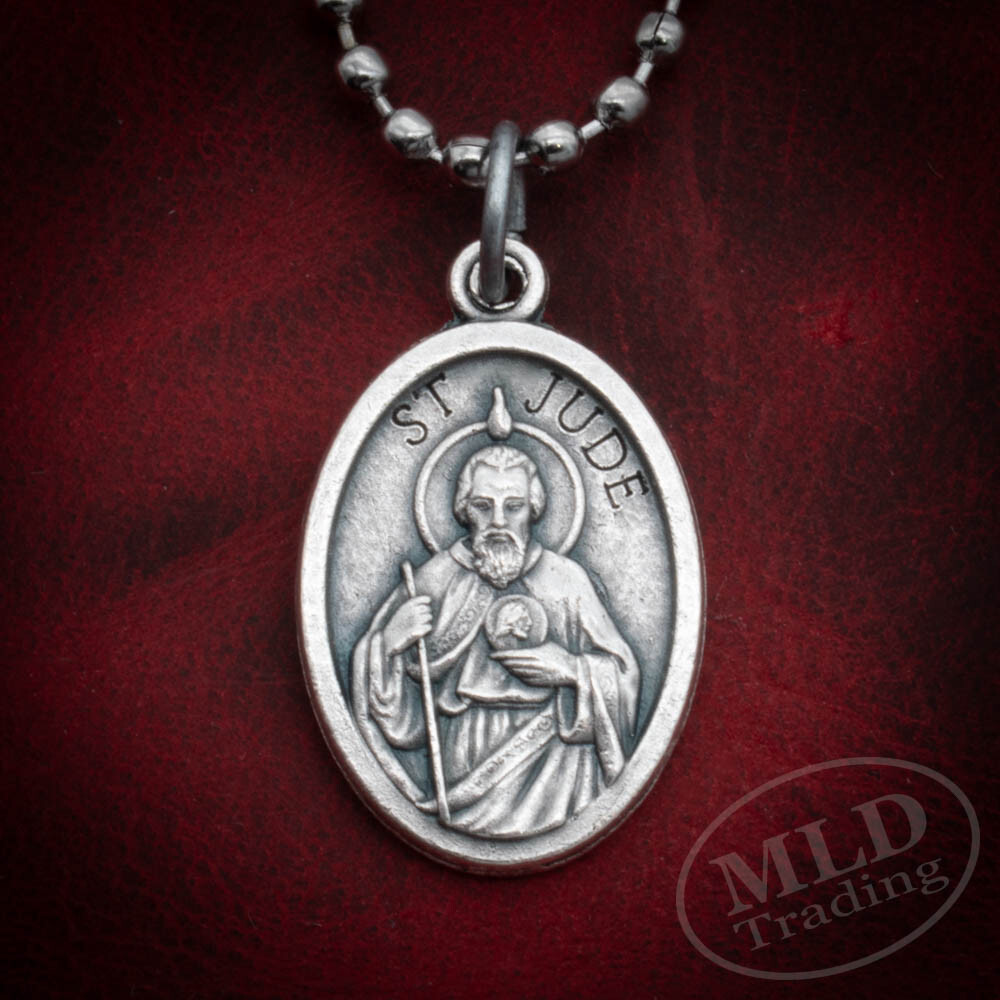 Saint St Jude Medal Pendant Necklace - Zinc Alloy, Made in Italy, 1" w 24" Chain