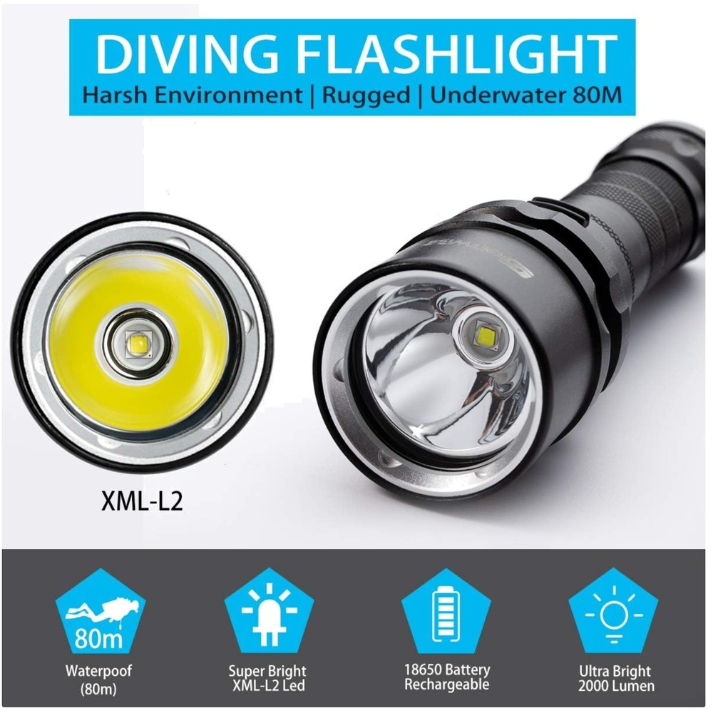 Dive Light with Charger - 2000 Lumen Underwater Flashlight