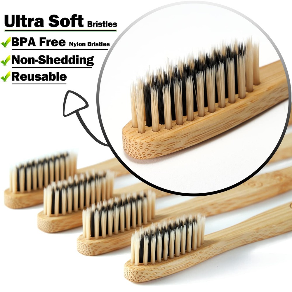 Bamboo Toothbrushes 10 Pack Biodegradable Soft Medium Charcoal Bristles