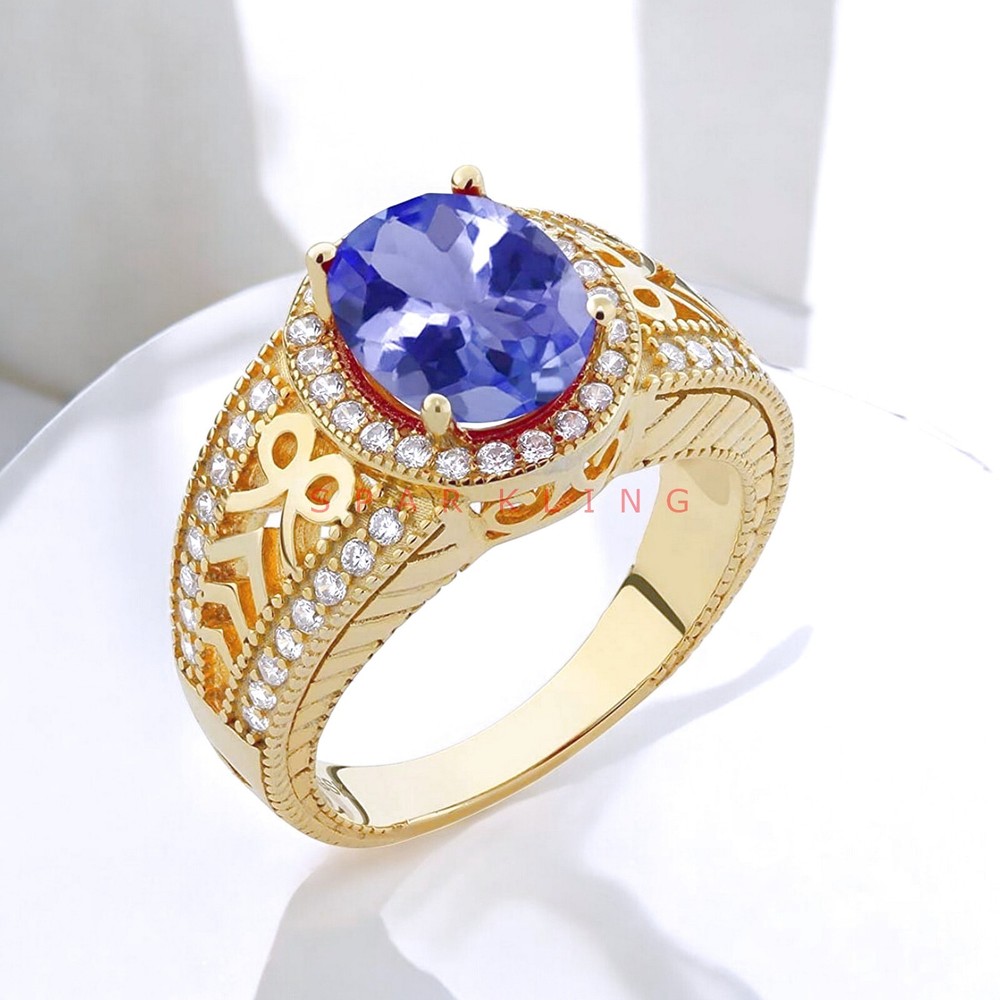 Blue Sapphire Oval Cut With 14K Solid   Gold  Ring For Men#E482