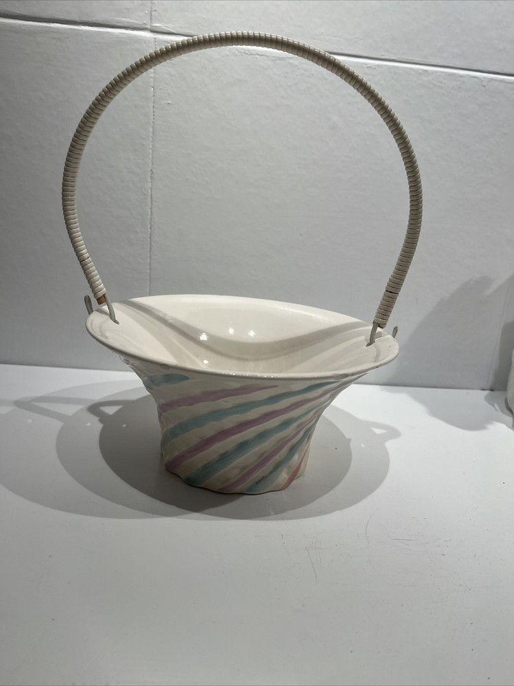Vintage Basket Planter White Ceramic Pastel Stripes & Handle Easter Spring