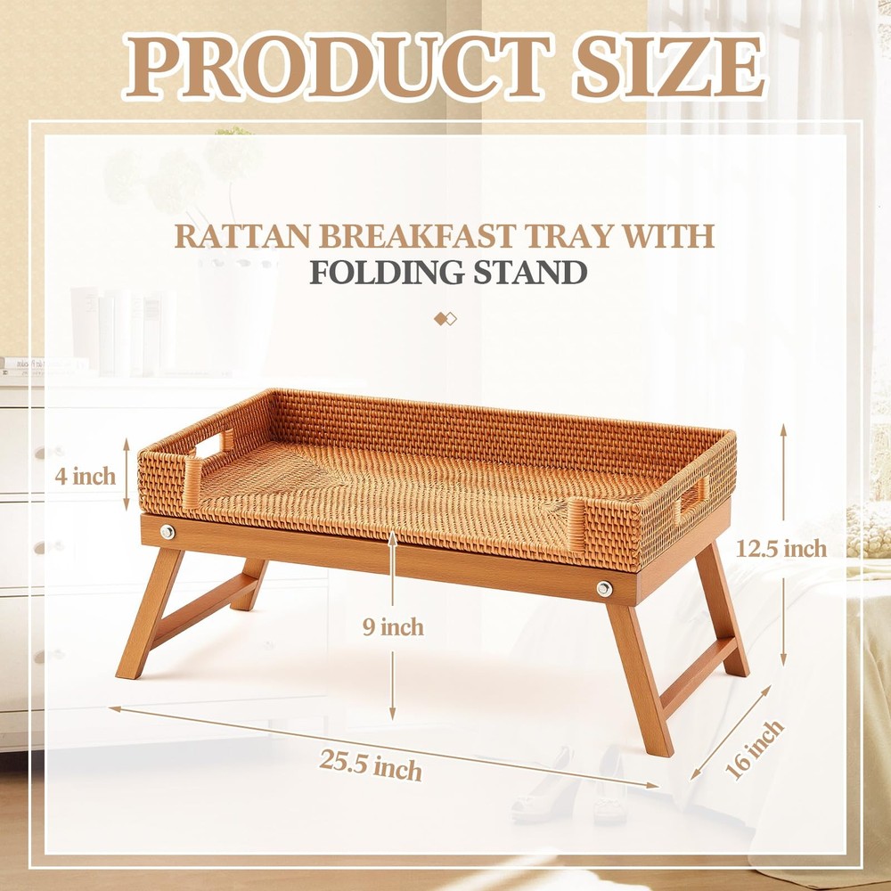 Rattan Breakfast Table Tray with Foldable Legs Rectangular Butler Snack Servi...