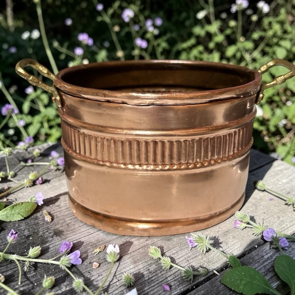 Vintage Solid Copper Planter with Brass Handles