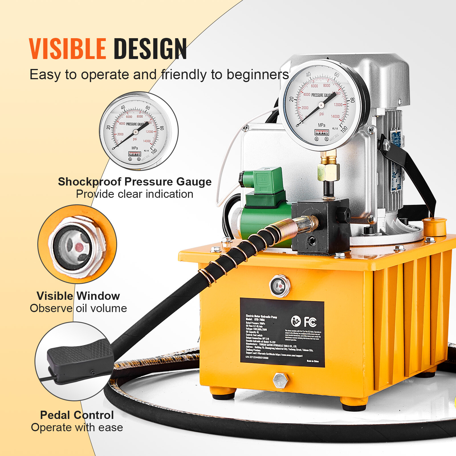 Electric Hydraulic Pump Single Acting Oil Pump 10000 PSI 8L Solenoid Valve