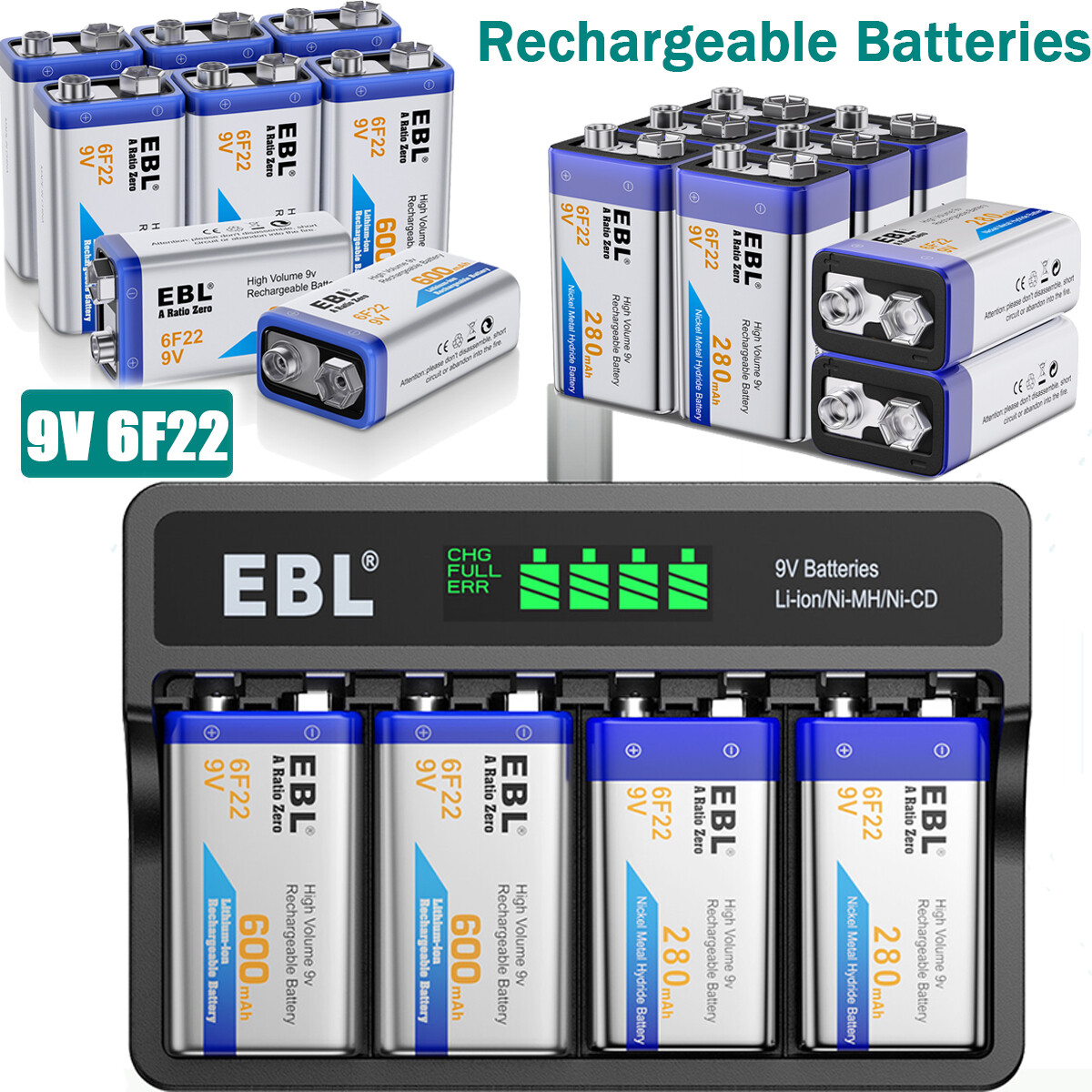 EBL 9 volt Lithium Li-Ion Rechargeable Battery / 9V Ni-MH battery / Charger Lot