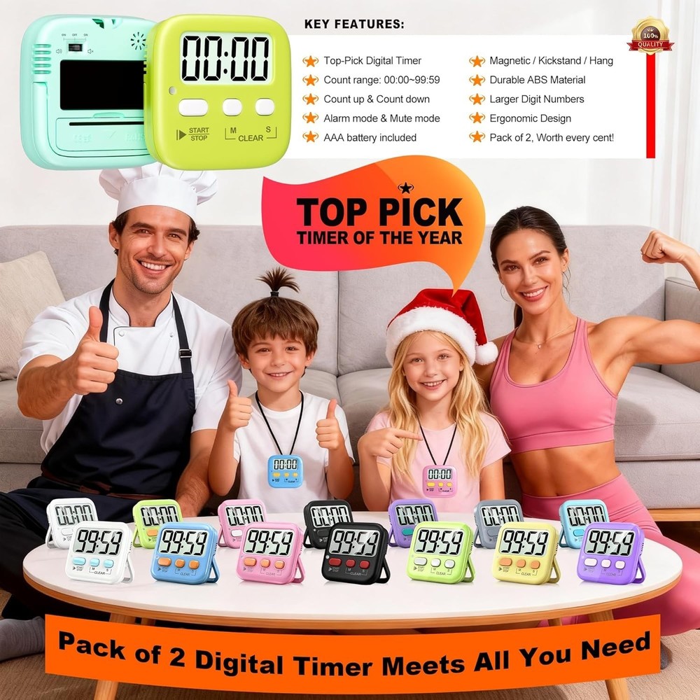 Digital Countdown Timer Set for Kids & Cooking - Loud/Silent Mode + Batteries