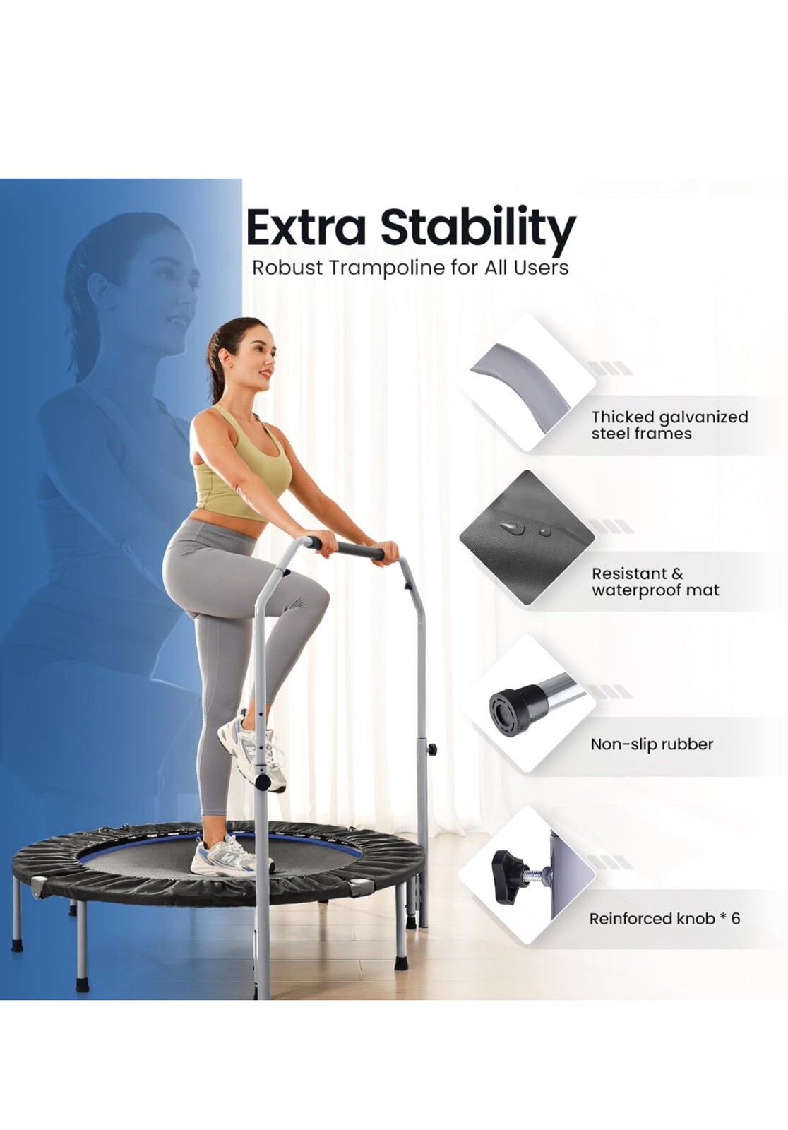 BCAN Trampoline for Fitness Rebounder & Adjustable Foam Handle - 330 Lbs