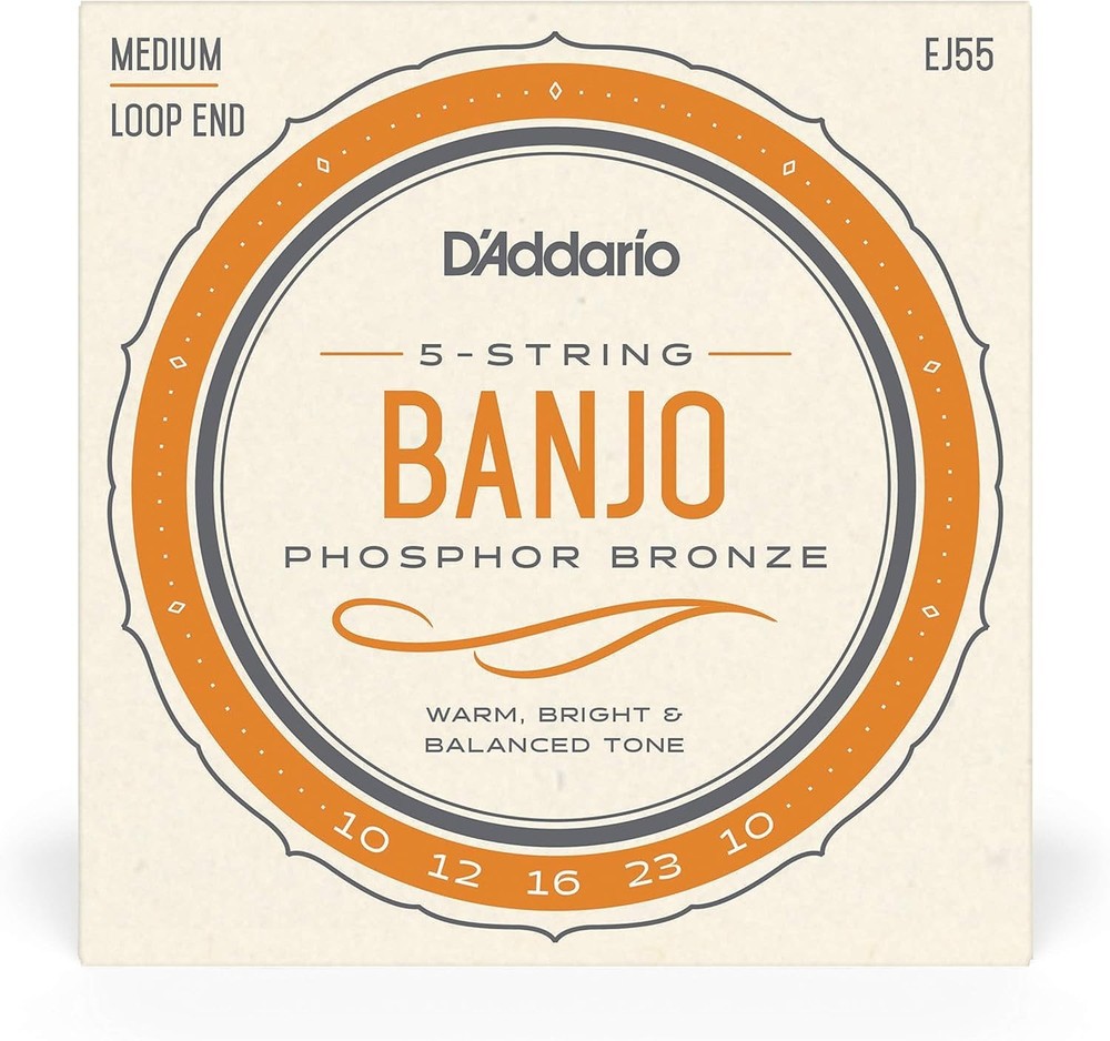 EJ55 Phosphor Bronze Banjo Strings - Medium 9-30, 5 String Set for Warm Tone