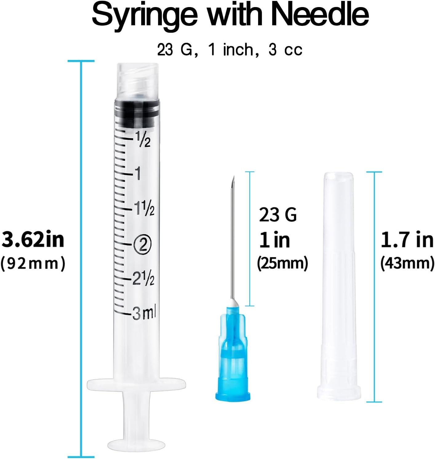 100 Pack 3ml Luer Lock Syringes with 23G 1" Needle Sterile Disposable Lab Steril