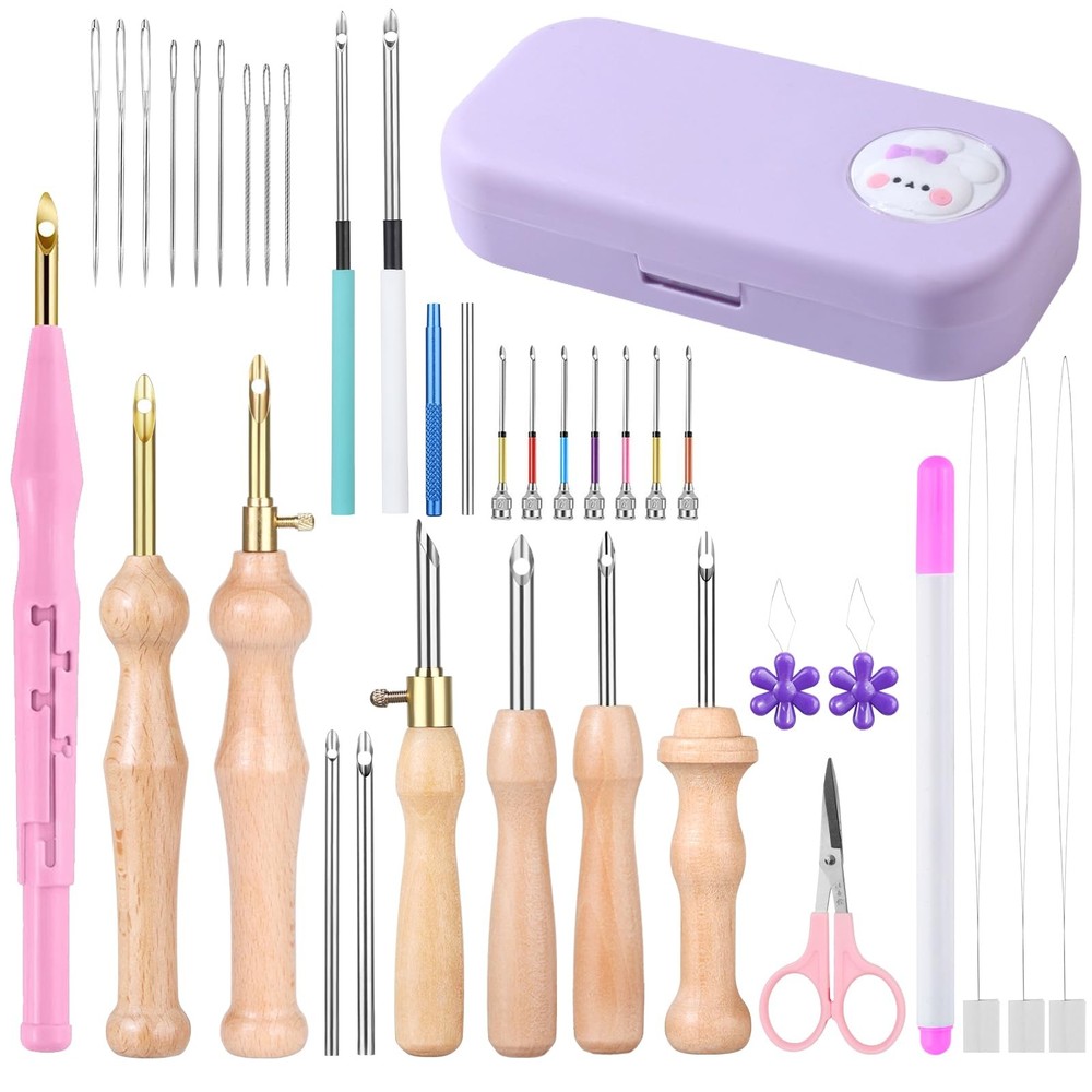 37Pcs Punch Needle Kit for Beginner,Complete Set Includes Wooden Handle Punch...
