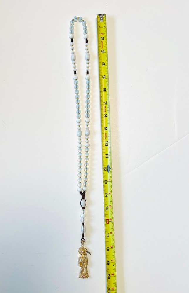 Santa Muerta Holy Death Grim Reaper white Rosary gemstone Opal and peal handmade