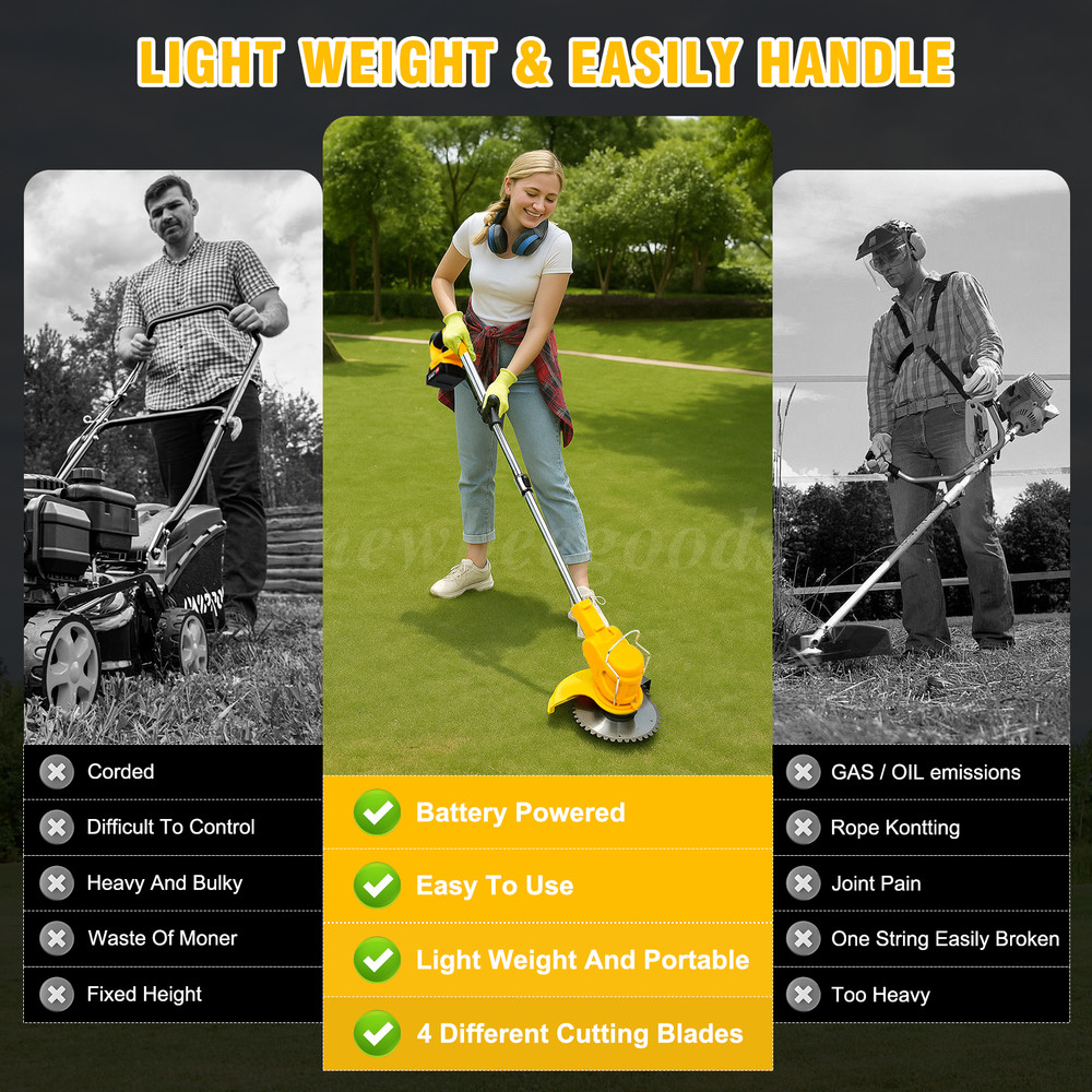 Cordless String Trimmer, Edger WeedWhacker Grass Eater Lawn Cutter w/2* Battery