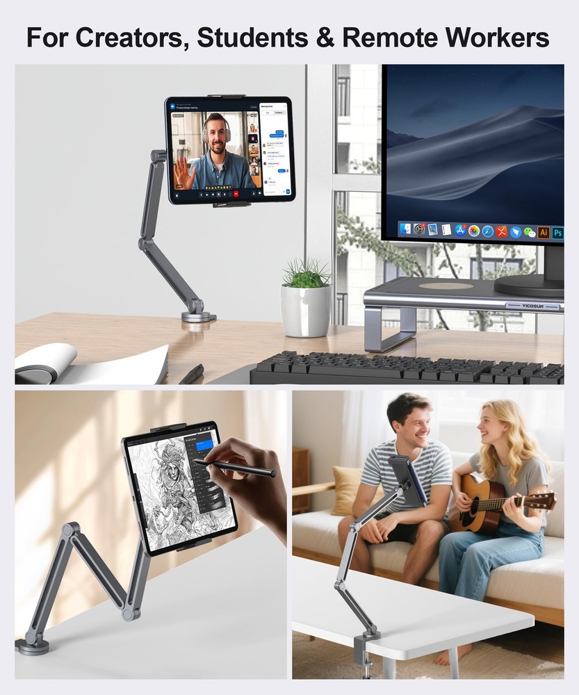 YICOSUN Tablet Arm Mount with Super Grip, Adjustable Foldable Holder & Gray