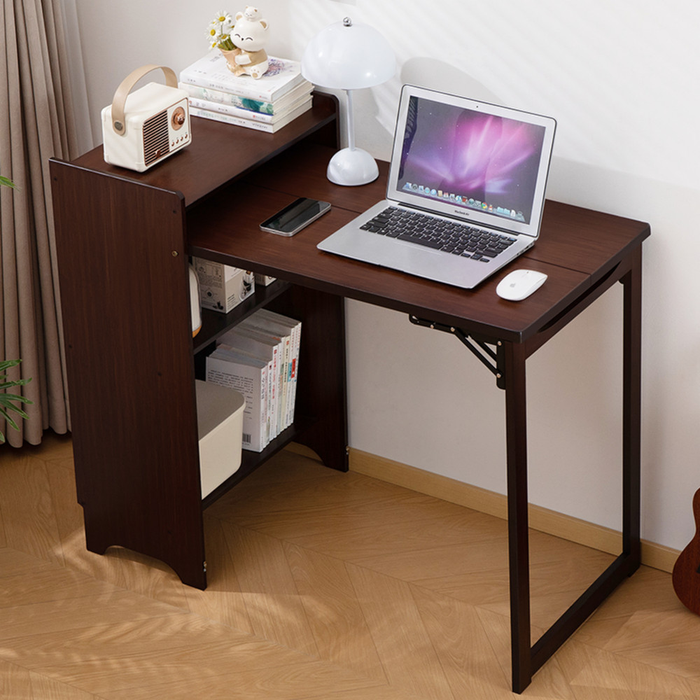MultiFunctional Bamboo Folding Computer Desk w/ Hidden Storage for Small Space