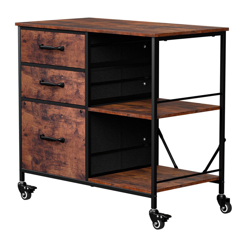 Rustic Brown File Cabinets Rolling Mobile Printer Stand with Storage 3 Drawers