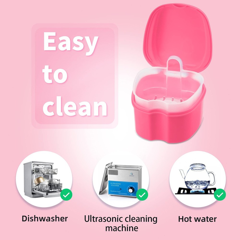 Annhua Denture Retainer Container Case Cleaning,Denture Bath Box False Pink
