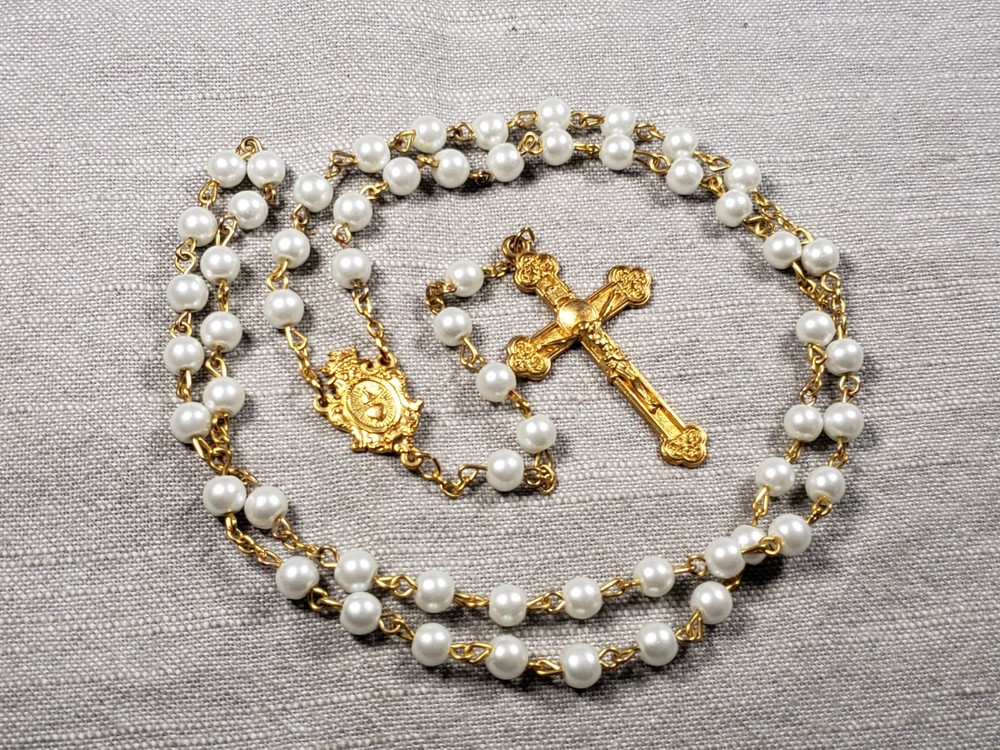 Vintage Rosary Prayer White Beads Religious Christian B74
