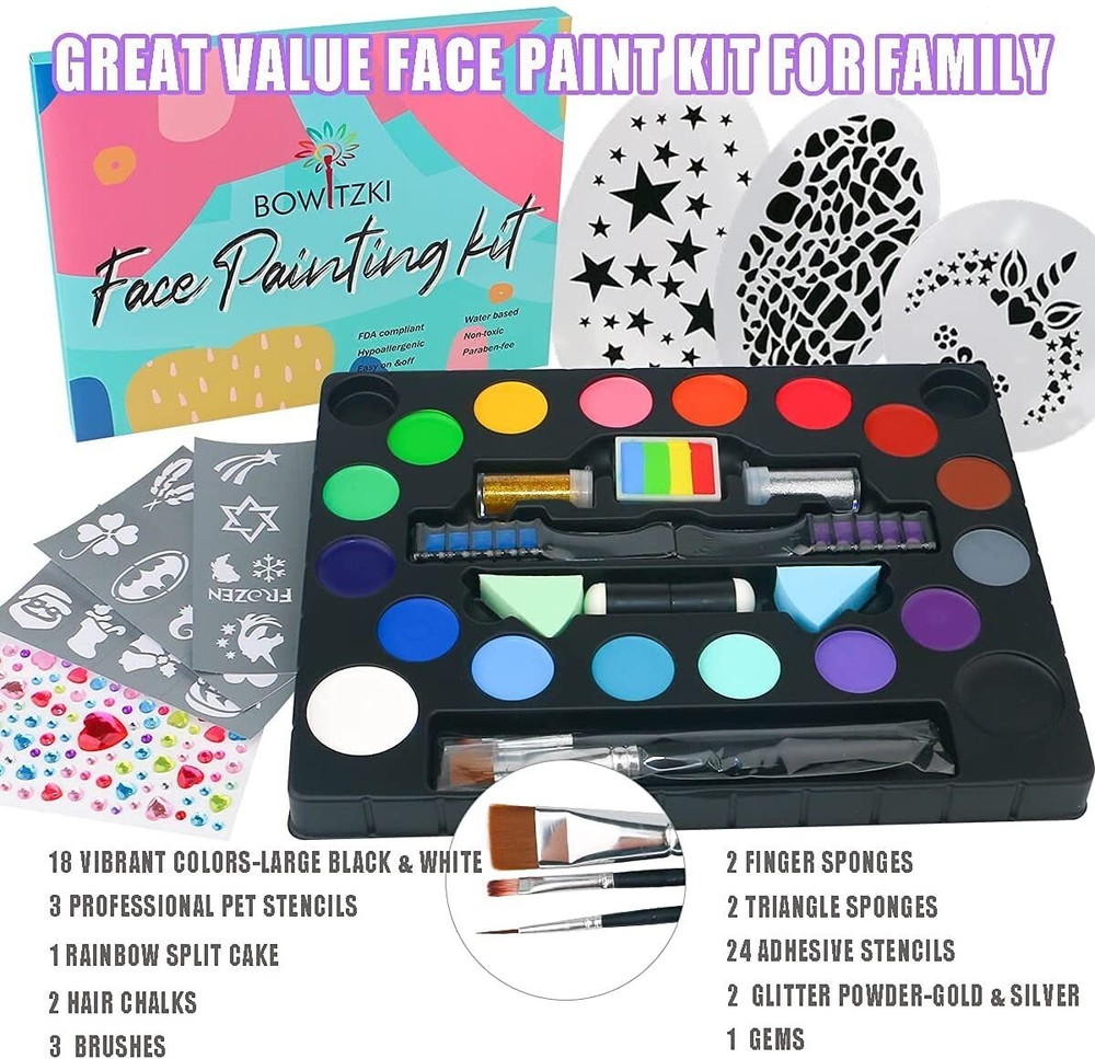 Bowitzki 6 Pack Face Paint Kit Bundle Kit Professional Face Paint Brushes Sponge