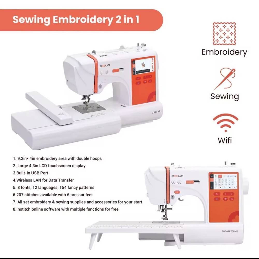POOLIN EOC03RE(2in1) Sewing and Embroidery Machine Computerized With SOFTWARE.