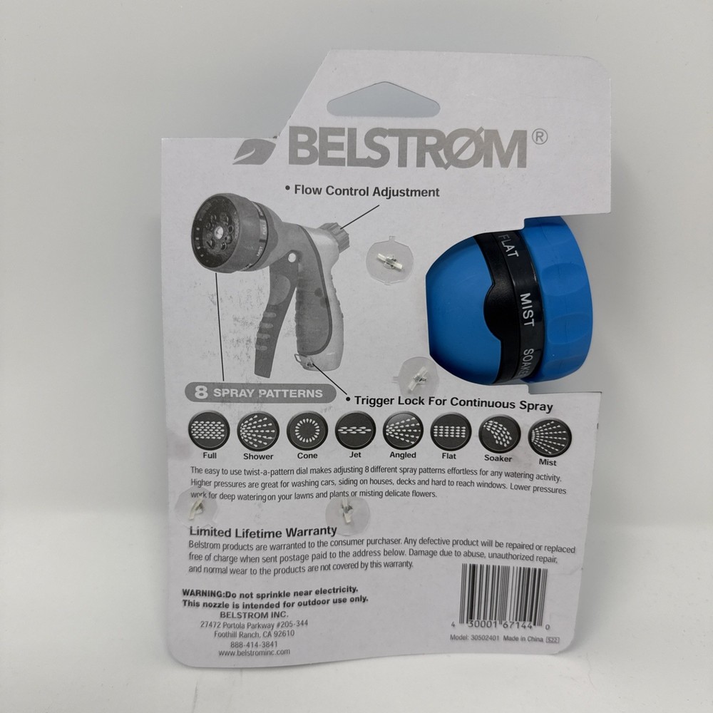 Belstrom Front Trigger Nozzle 8 Pattern Metal Trigger Nozzle For 3/4" Water Hose
