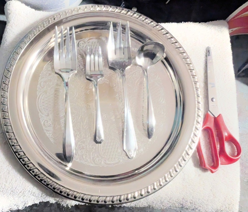 Silver Platter And Serving Forks & Ladel