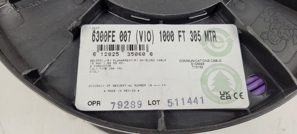 1000FT Belden Wire 6300FE 18/2C Shielded Media Control/Audio Cable Plenum Violet