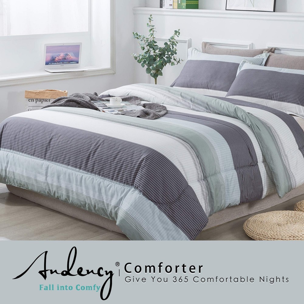 Stripe Comforter Set King Size (104x90 Inch), 3 Pieces Mint Green Patchwork S...