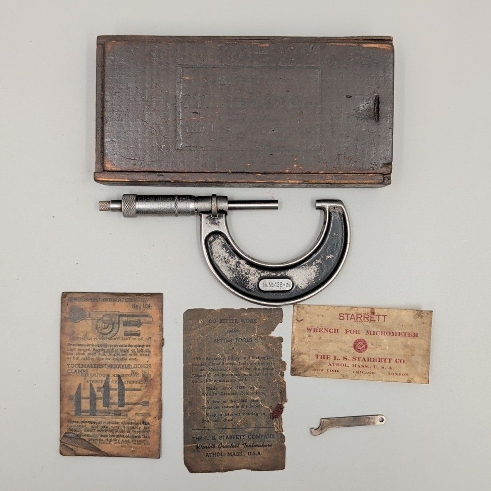 Vintage L. S. Starrett No. 436 Micrometer 1"- 2" w/Wrench & Wood Box