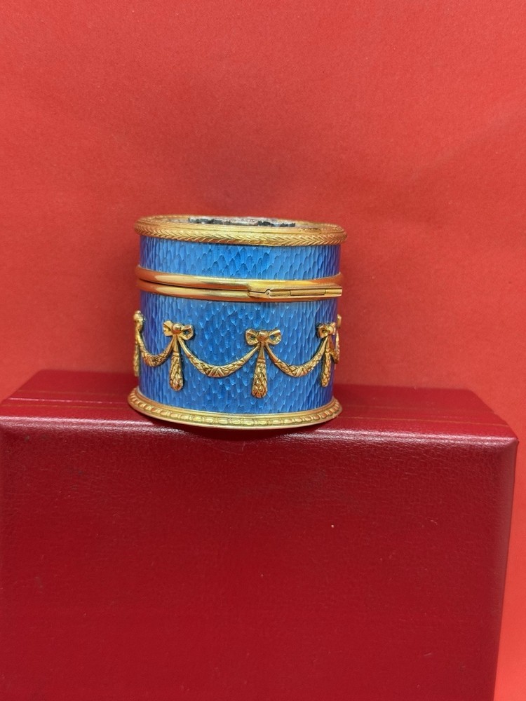 Antique Gilt Enamel Guilloche Solid Silver Diamond Snuff Pill Box Mint Condition