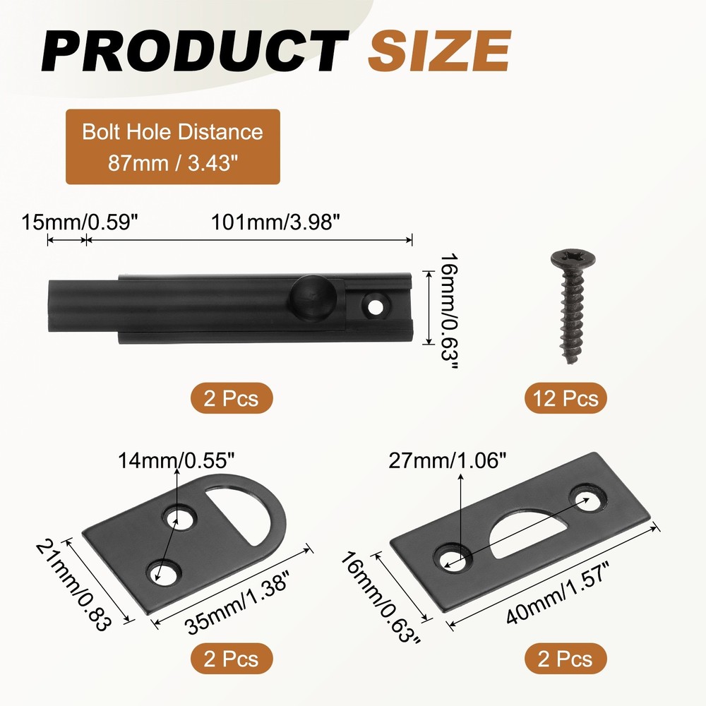 2Pcs 4" Solid Brass Surface Bolt, Polished Slide Latch Door Lock, Matt Black