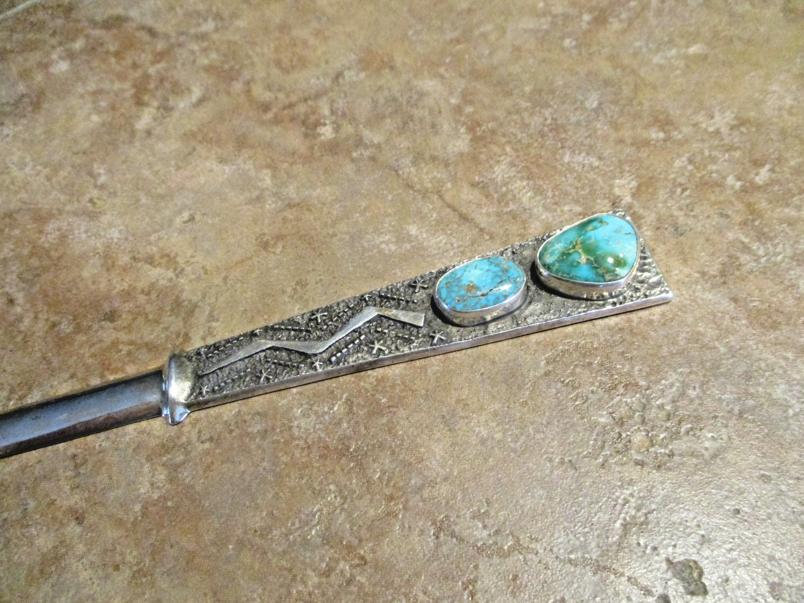 7" TOP SHELF !!! Vintage Navajo Sterling Turquoise Sandcast LETTER OPENER