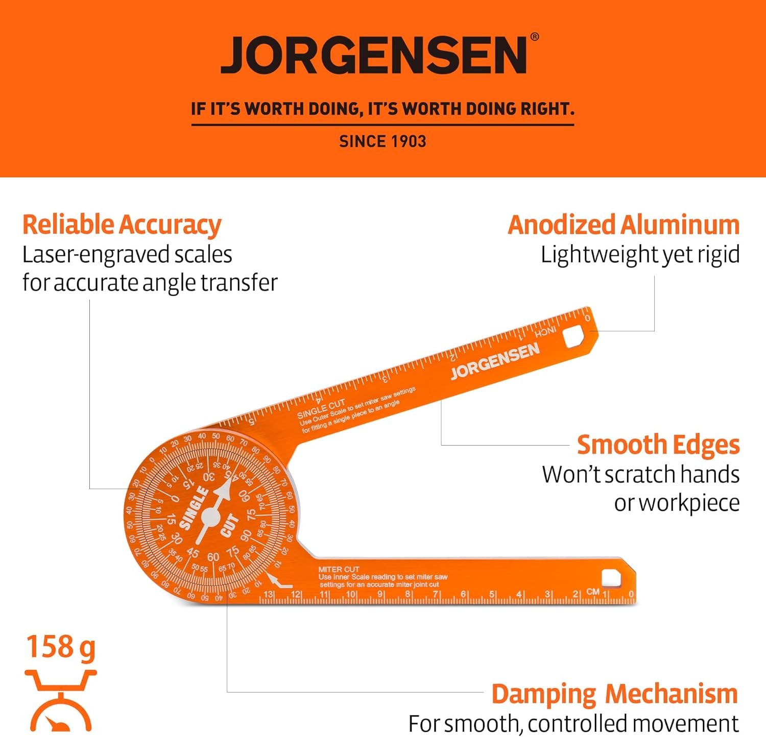 Jorgensen 7Inch Aluminum Protractor Angle Finder w/Precision Laser-Etched Scales