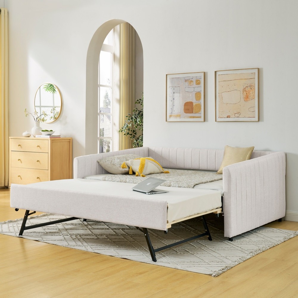 Full Daybed Modern Linen Upholstered Bed Frame Sofa Bed w/ Pull-Out Trundle
