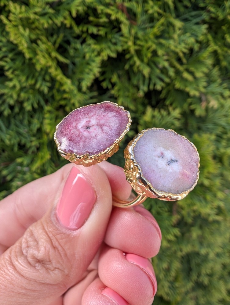 Artisan Handmade In Morocco Adjustable Boho Chic Double Geode Gold Ring Size 10