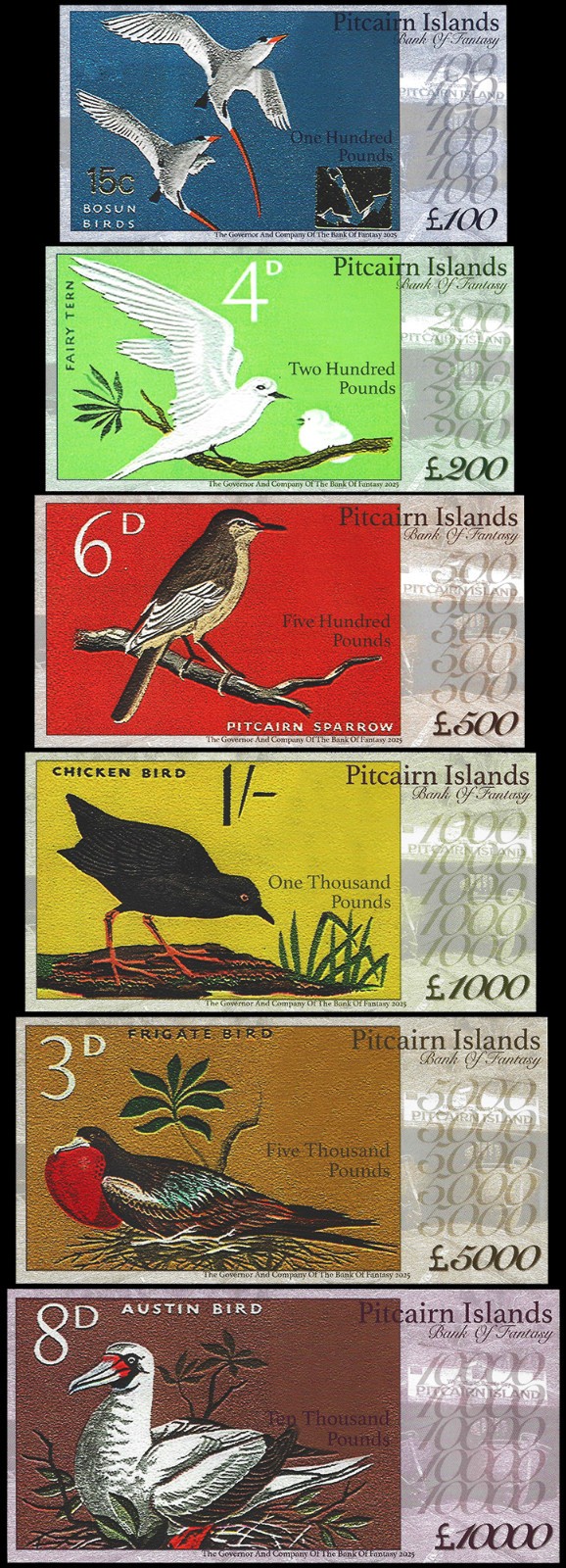 Pitcairn Islands 6 PCS UNC SET 100 200 500 1000 5000 10000 Pounds 2025 K. George