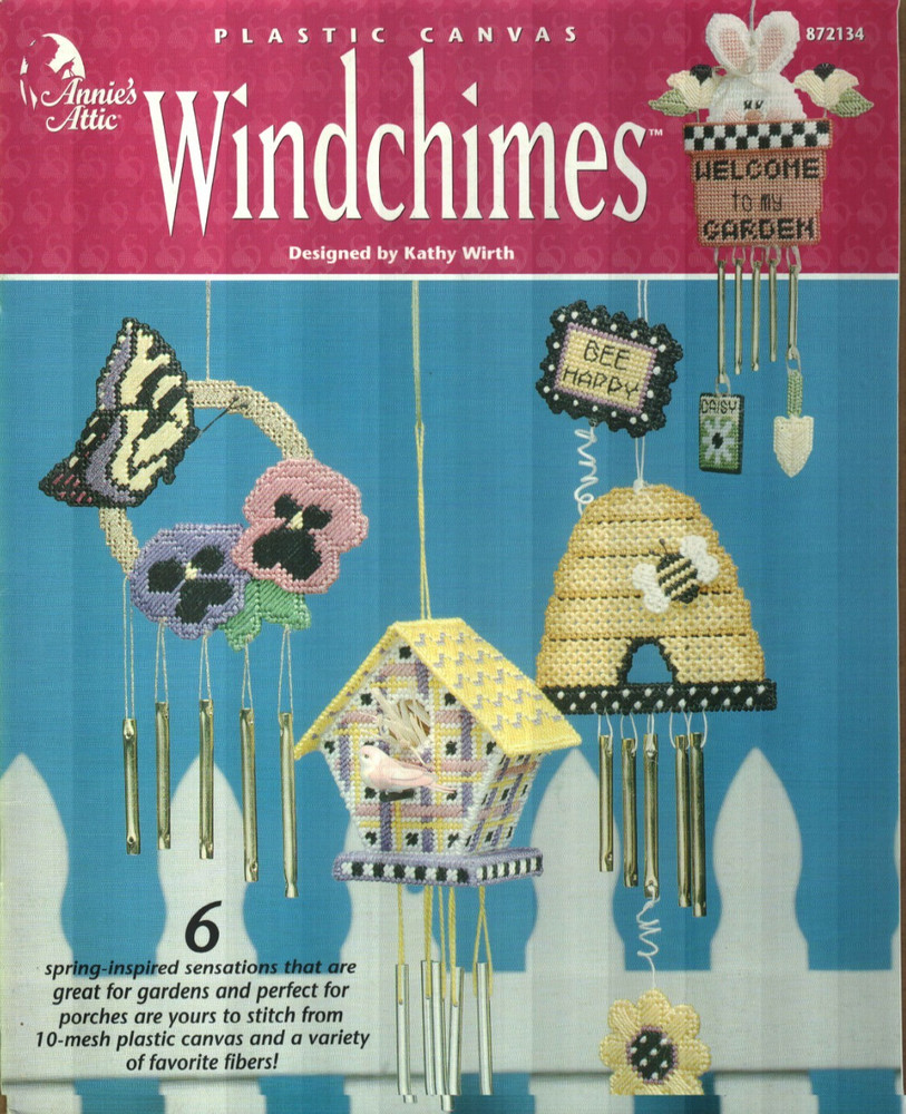 NEW WINDCHIMES BIRDHOUSE BEEHIVE BUNNY BUTTERFLY PLASTIC CANVAS PATTERN BOOK