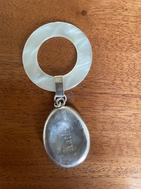 Vintage Silverplate Baby Rattle Chick Hatching Mother of Pearl Teething Ring